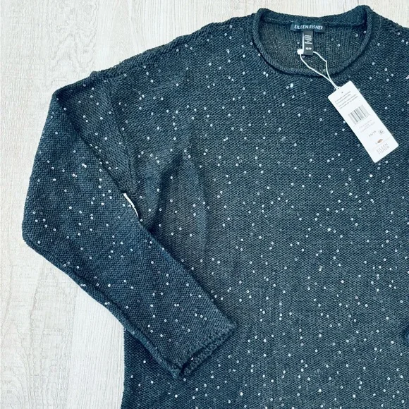 NWT Eileen Fisher Black Sequin Merino Wool Long Sleeve Crew Neck Sweater XS - Picture 5 of 9